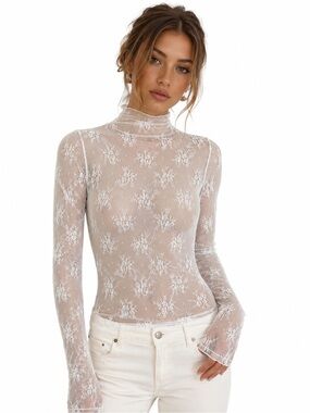 White Sheer Lace Mock Neck Long Sleeve Top Size Small